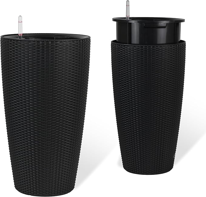 Vigo huseeo 22" Tall Planter Set of 2, Large Self Watering Pots for Indoor/Outdoor Plants with Drain Holes, Water Level Monitor, Inner Bucket for Front Porch Patio, Black Rattan Conical