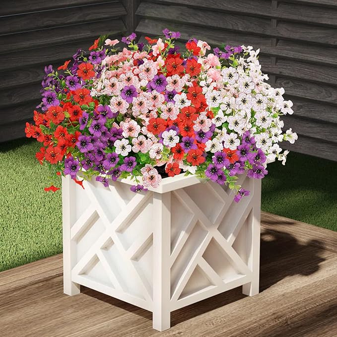 UV Resistant Artificial Outdoor Flowers, 12 Bundles Fake Outdoor Silk Flowers Fade Resistant Faux Flowers Plants for Outside Planters, Window Box, Porch Decor-Purple