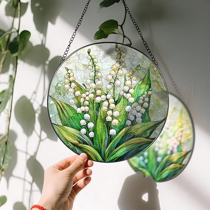 LAOWEIKI 8'' Lily of the Valley Sun Catcher Ornament, Stained Glass Window Hanging, Suncatchers for Windows Hanging Ornaments, Window Decor | Flower Lover Gift, Mother's Day, Christmas, Birthday Gifts