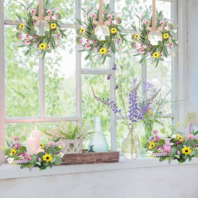 6 Pcs 9" Small Spring Wreath for Kitchen Cabinet Floral Wedding Candle Rings Wreaths Spring Summer Wildflower Wreath with Ribbon for Pillars Front Door Porch Wall Window Farmhouse Party Home Decor