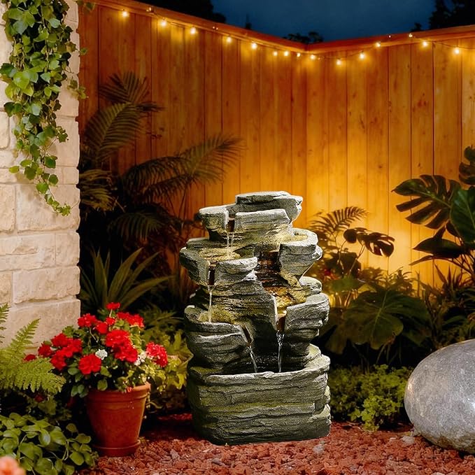 6-Tier Cascading Rock Water Fountain Outdoor Garden Waterfall Decor for Garden, Patio, Backyard, Deck, Porch and Home Art Decor,24.4" H Outdoor Fountain with Lights