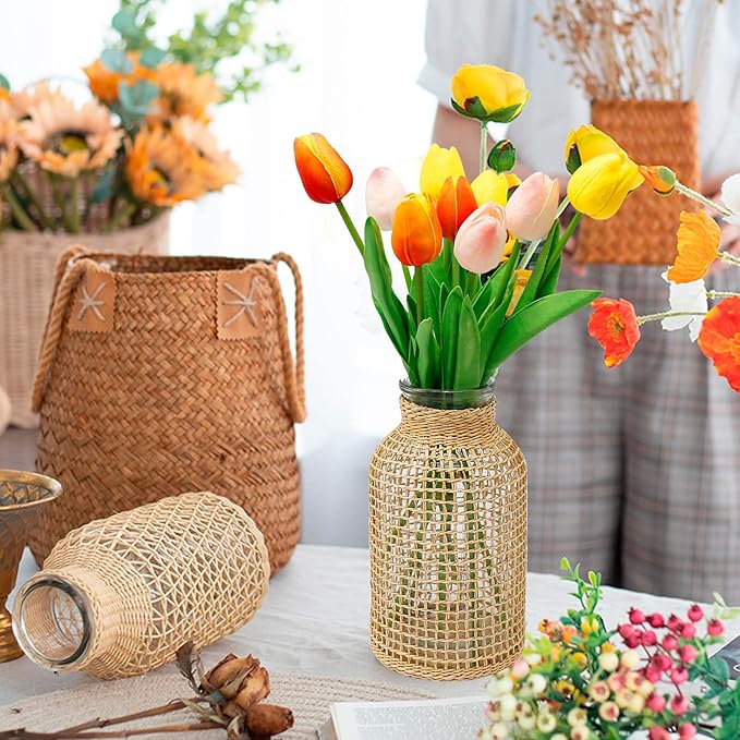 MDEOOSKY Straw Woven Glass Vase 7.87''x1.96''x4.13''Boho Glass Flower Vase Country Rustic Style Vase Glass Vase for Floral Arrangements Bottle Height (B Style 7.87IN)