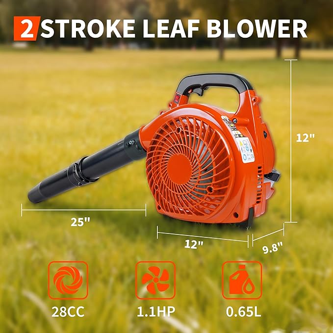 28 CC Gas Leaf Blower, 490 CFM 280 MPH, 1.1-HP 2-Stroke, Handheld Gas Powered Leaf Blower, Lightweight, Powerful Clearing Performance for Lawn Care, Driveway Cleaning and Light Snow Removal