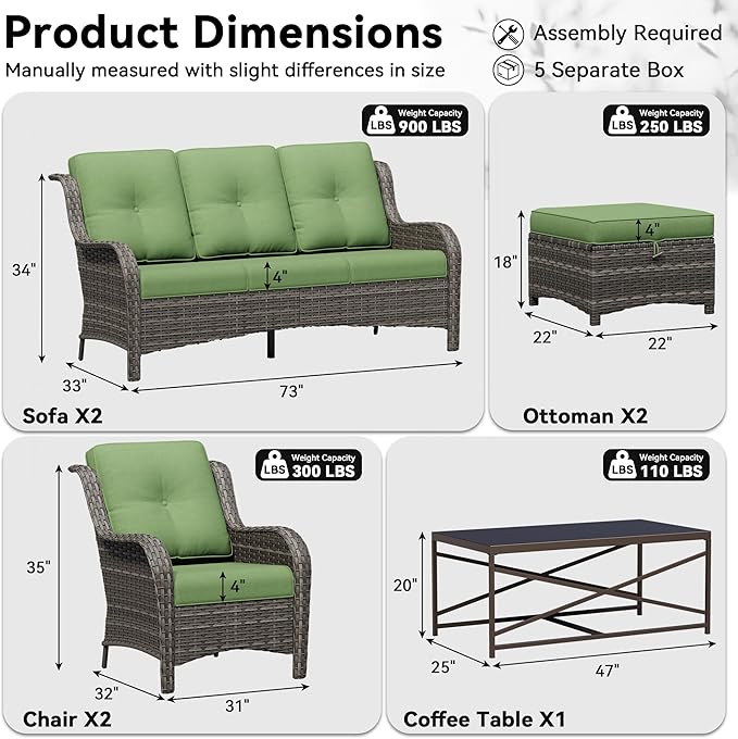 7 Piece Outdoor Wicker Patio Furniture Set, Patio Chairs Set with Thickened Olefin Cushions, High Back and Deep Seating, Hand-Woven PE Rattan, Ottoman for Porch, Deck