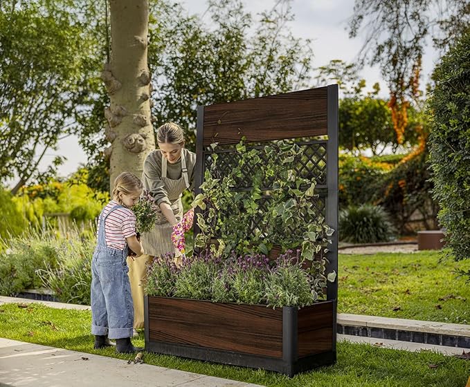 Keter Outdoor Planter Box with Privacy Screen and Trellis – 26 Gallon Raised Garden Bed for Climbing Plants & Flowers – Wood-Look Resin, Weather-Resistant Divider for Patio, Balcony & Backyard