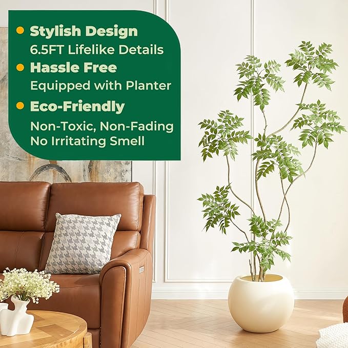 FloraFairy 6.5FT Artificial Sumac Tree with White Pot, Tall Faux Plants Indoor, Large Fake Tree with Nearly Natural Silk Plant (Real Touch), for Home, Office, Living Room, Patio, Lobby Decor