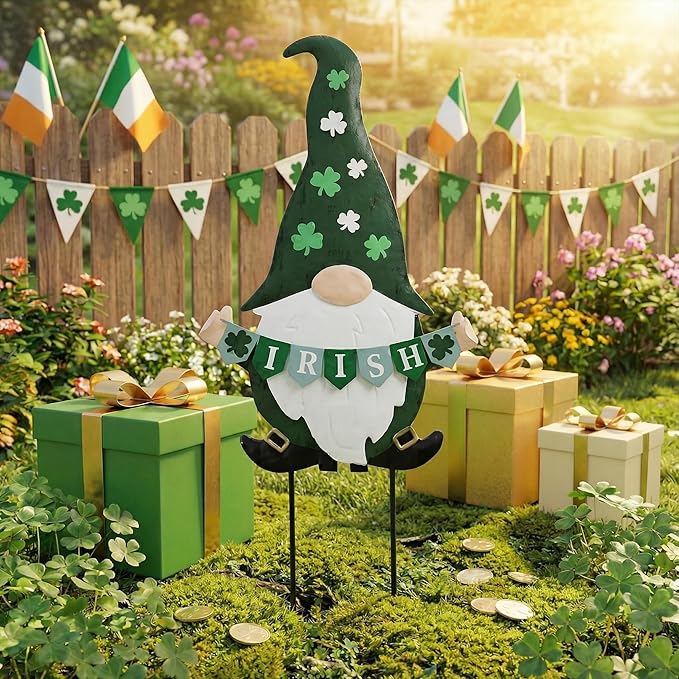 TERESA'S COLLECTIONS St. Patricks Decorations Outdoor for Home, Metal Garden Gnomes Decor Yard Stakes, Green Garden Stakes Gifts for Party, Saint Patricks Yard Signs for Outside Lawn Porch Patio, 27"