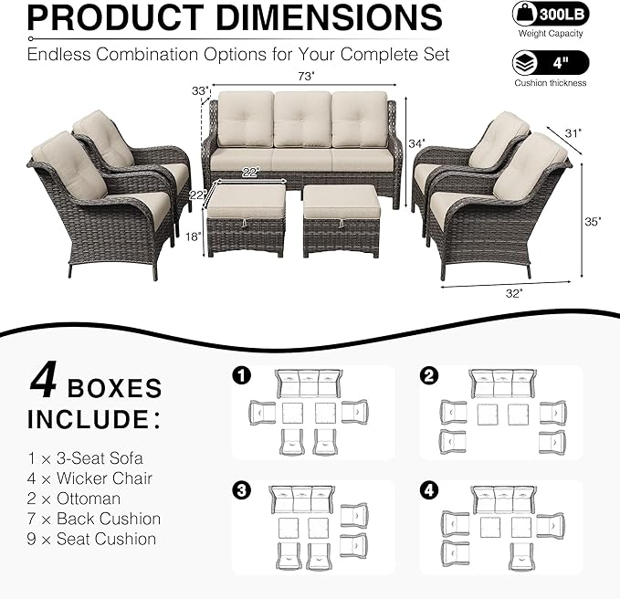 Joyside 7 Piece Wicker Patio Furniture Set, Rattan Patio Chairs with High Back, Deep Seating, Wide Armrest, Thickened Cushions, Outdoor Furniture for Deck, Porch Use