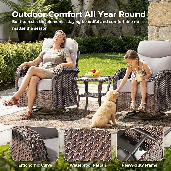 Luxury Patio Furniture Set with 6-inch Thick Cushions, Outdoor Furniture Set with High Back Swivel Chairs, 10 PCS Wicker Outdoor Conversation Set for Porch, Patio, Yard, Deck, Poolside, Brown/Beige