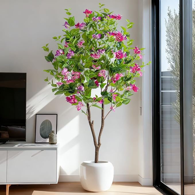 5FT Artificial Bougainvillea Tree Artificial Tree Tall Potted Fake Bougainvillea Trees for Outdoor Indoor Lifelike Potted Faux Plants with Wood Trunk and Flowers Office Wedding Home Decor