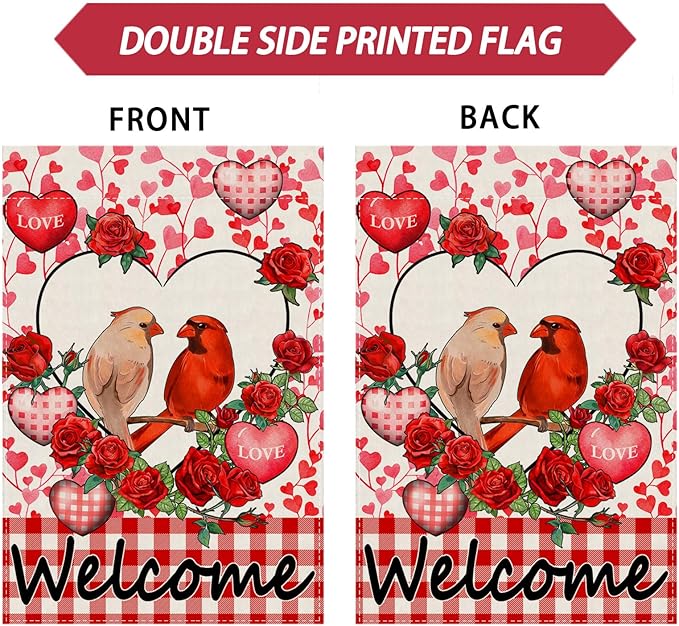 Welcome Valentine’s Day Cardinal Buffalo Love Heart Balloons Garden Flag Romantic Roses Yard Flag 12x18 Inch Double Sided Small Mini Yard Outdoor Outside Holiday Decoration