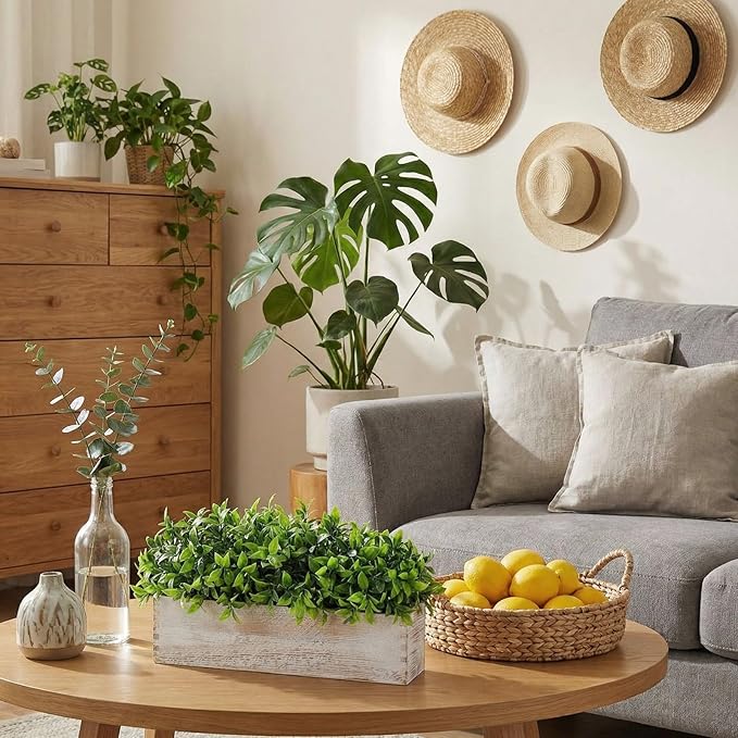 Lyrow 4 Pack Artificial Eucalyptus Plant in Rectangular Rustic Wooden Planter Box Faux Potted Herb Plant Table Centerpiece for Kitchen Windowsill Shelf Decor (White,16 '')