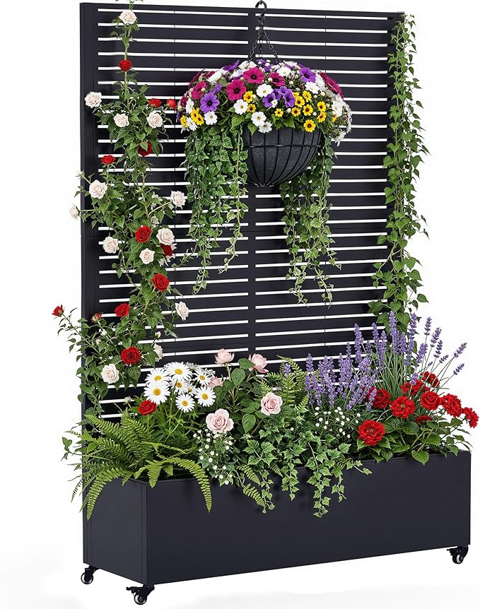 Metal Planter Box with Trellis, Galvanized Steel Raised Garden Bed with Privacy Screen, Lockable Casters, 73"x47"x16" Planter with Drainage Holes for Outdoor Climbing Plants, Vegetables, Patio