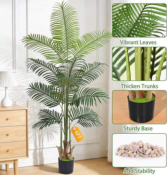 6 FT Artificial Plants Indoor, Tall Plant Palm Tree with Weighted Planter, Tropical Fake Tree with Realistic Leaves & Trunks for Home Office Living Room Bedroom Indoor Outdoor Decor