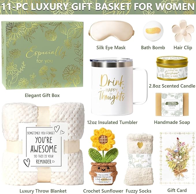 Birthday Gifts for Women Self Care Get Well Soon Gift Baskets, Spa Care Package Thinking of You Gift Set, Sympathy Inspirational Sunflower Valentines Day Gifts for Her Women Mom Friends Sister Wife