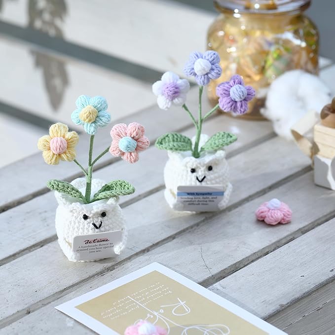YOOJEE Crochet Sympathy Gifts for Loss of Loved One – Send Sympathy Crochet Puff Flower Potted Plant with Comfort Card – Bereavement, Grief Support Gift Idea for Grandpa Grandma Mom Dad Women Friends