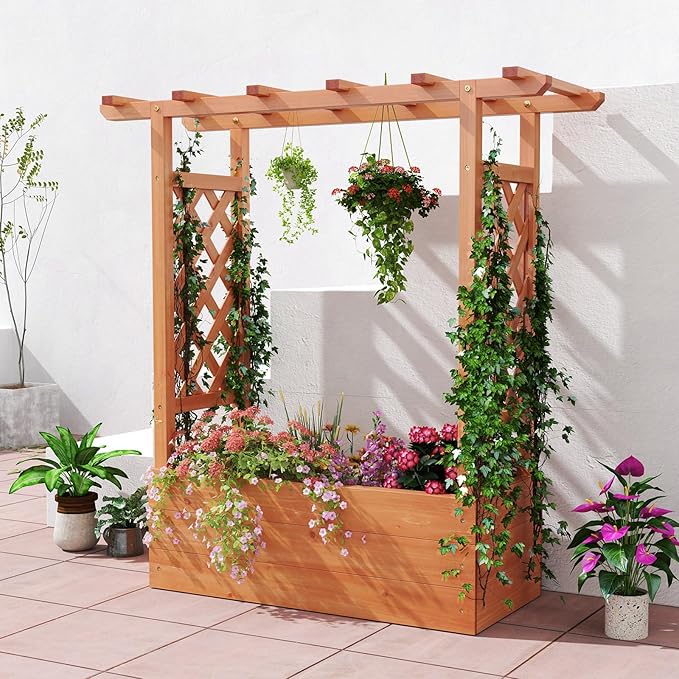 HAPPYGRILL Raised Garden Bed with Trellis, Freestanding Wood Planter Box w/Hanging Roof & 4 Drainage Holes for Vine, Climbing Plants, Flowers, Outdoor Planter with Trellis for Garden, Patio, Yard