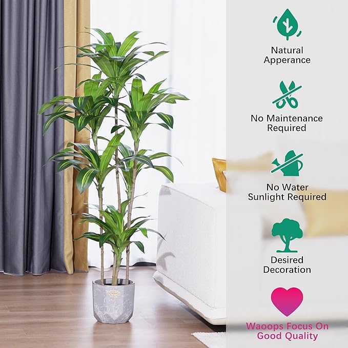 Waoops Artificial Plants 5.3Ft Dracaena Fragrans Faux Trees with 7 Heads Fake Tree for Home Decor Indoor or Outdoor Office Decoration Housewarming Gift