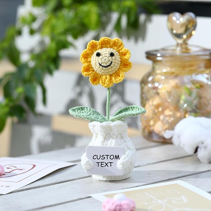 YOOJEE Personalized Handmade Positive Sunflower Doll Crochet with Card Custom Text - Appreciation Gift for Coworker, Teacher, Women, Mom, Friend - Customizable Thank You, Birthday, Christmas Gift