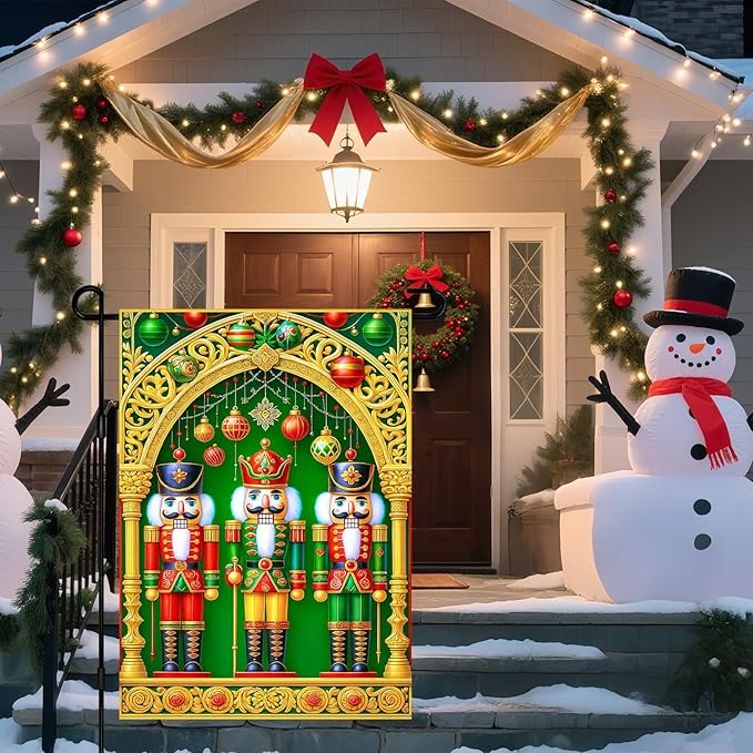 IVN Christmas Nutcracker Garden Flag 12x18 Inches Double Sided Holiday Yard Decor Gold Arch Ornaments Outdoor Garden Porch Lawn Patio