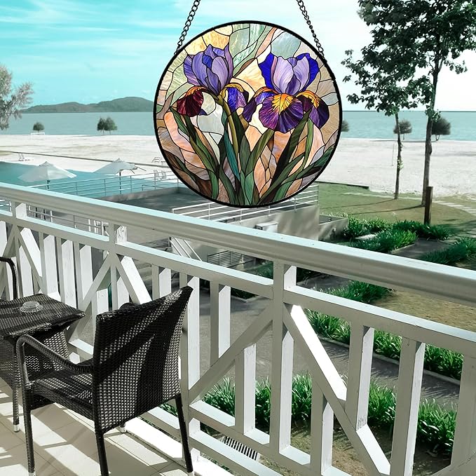 HWRHTR Stained Glass Window Hanging, Purple Blue Iris Birth Flower Suncatcher for Doors Garden Yard Sun Catchers Decor Christmas Mother's Day Birthday Gifts for Teacher Women Mom Nana Wife 9.8 in