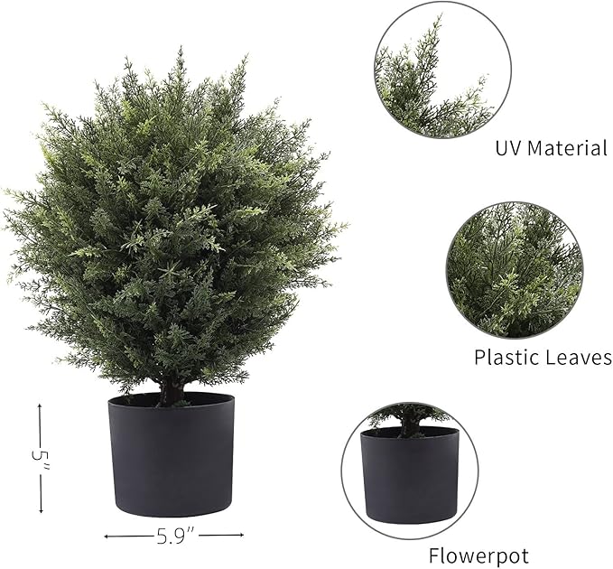 Gonuien 21” Artificial Cedar Outdoor Artificial Shrub Sunlight Resistant Leafy Potted Plant for Indoor Porch of Home and Office Artificial Outdoor Tree 2 Pieces a Set Topiary Trees
