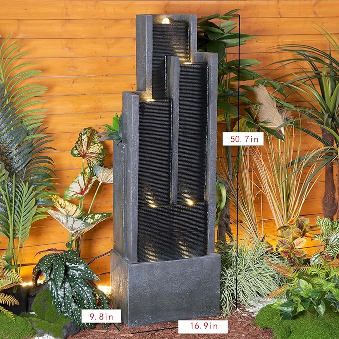 SunJet 5-Tier Modern Water Fountain, Indoor/Outdoor Resin Water Fountains with Soothing Water Sounds & Warm LED Light, Perfect for Garden, Patio, Home & Office, 16.9" L x 9.8" W x 50.7" H