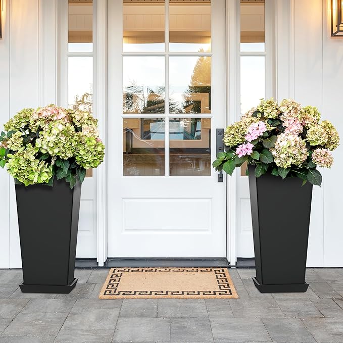 TUYOHW Set of 2 Large Tall Planter for Indoor or Outdoor 24" Flower Pots Tapered Tall Planters with Tray for Porch, Patio, Backyard, Large Planters for Outdoor Indoor Plants(Black)
