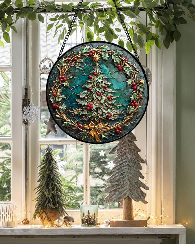 DASTOLL Stained Glass Window Hangings - Red Gold Green Wreath Suncatcher for Door Home Christmas Tree Decoration Sun Catcher Thanksgiving New Year Birthday Gift for Women Men Mom Grandma 7.8 in