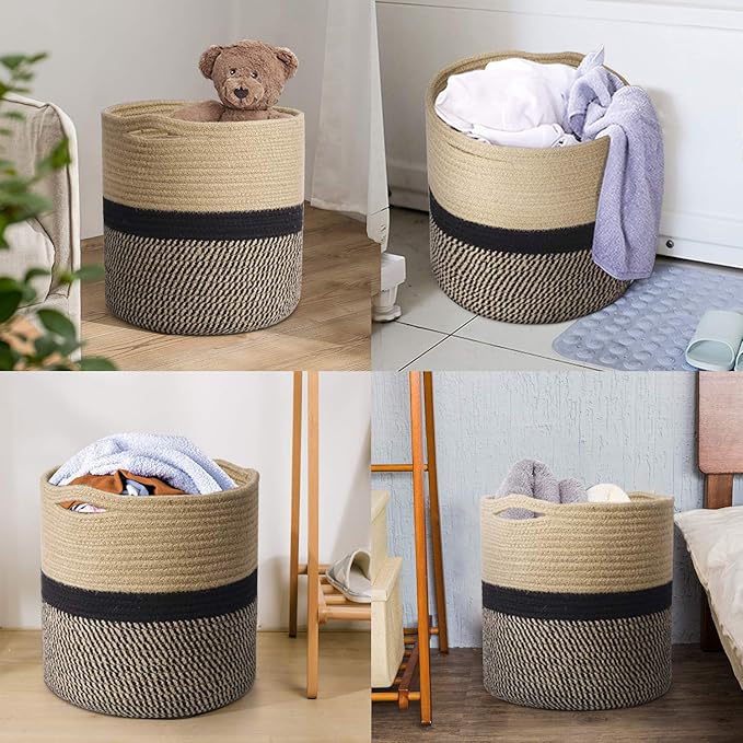 TIMEYARD Sturdy Jute Rope Plant Basket Modern Woven Basket for 11" Flower Pot Floor Indoor Planters, 12'' x 12'' Storage Organizer Baskets Rustic Home Decor, Black and Beige Stripes