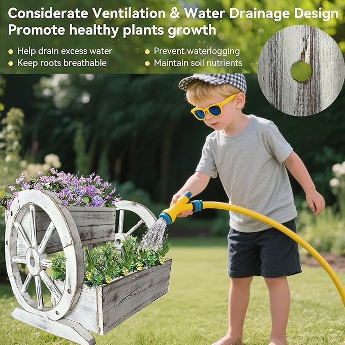 NestNature Wooden Wagon Planter Box,Raised Garden Bed,Decorative Garden Planters with Wheels-Outside Flower Pots for Indoor/Outdoor Décor Plants (Antique White)