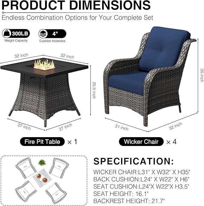 Joyside 5 Piece Wicker Patio Furniture Set with Fire Pit Table, Rattan Patio Chairs with High Back, Deep Seating, Wide Armrest, Thickened Cushions, Outdoor Furniture for Deck, Porch Use