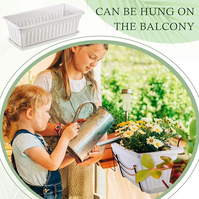 Lallisa 18 Pack Window Box Planter 17 Inches Plastic Vegetable Flower Planter Boxes with Tray White Rectangle Indoor and Outdoor Flower Pots for Windowsill, Patio, Porch, Garden, Balcony