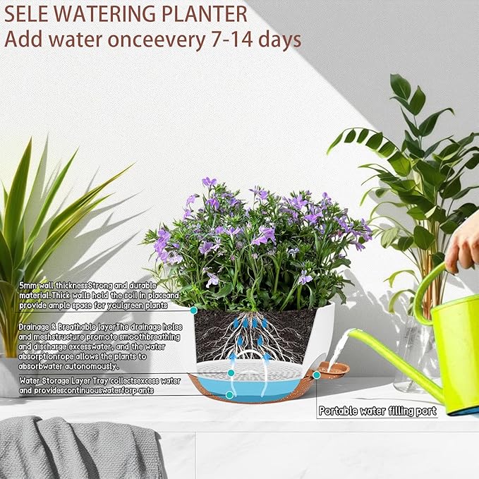 zople 2 Pack 12 Inch Large Hanging Planters with Chains Self Watering White Brown Plastic Hanging Pots for Indoor Outdoor Plants, Garden Porch Home Decor，White Brown