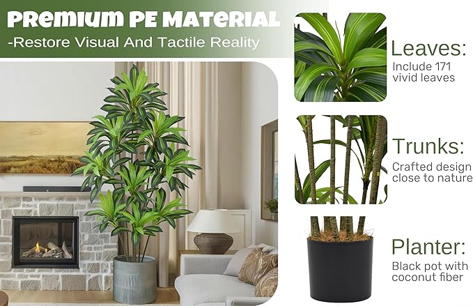 Roselywed Artificial Dracaena Tree 7FT with 171 Leaves & 9 Heads Tall Large Fake Faux Tropical Silk Yucca Plant 84 Inch Glossy Thick Leaves Black Pot for Indoor Home Office Porch Mall School Decor