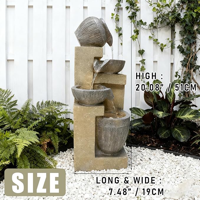 Outdoor Water Fountain with Lights, 20.08” Tall Resin Tiered Waterfall Fountain, Garden Decor for Patio, Yard, Deck & Indoor Relaxation(Gray)