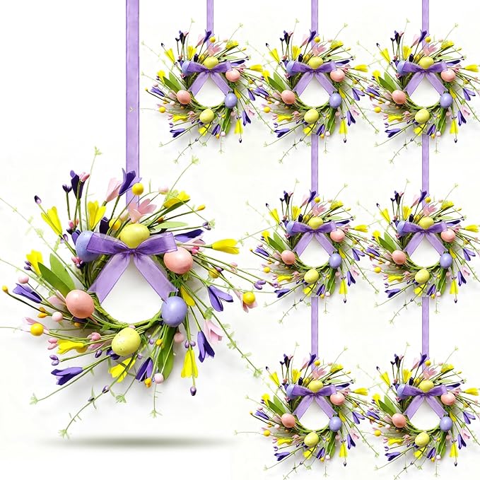 8 PCS Mini Easter Wreaths for Front Door Small Artificial Pastel Easter Egg Kitchen Cabinet Wreath Spring Summer Hanging Floral Wreath with Ribbon Berry for Home Porch Wall Window Farmhouse Decor