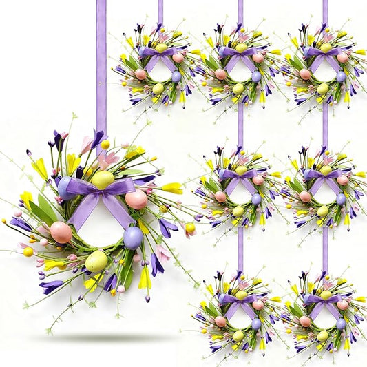 8 PCS Mini Easter Wreaths for Front Door Small Artificial Pastel Easter Egg Kitchen Cabinet Wreath Spring Summer Hanging Floral Wreath with Ribbon Berry for Home Porch Wall Window Farmhouse Decor