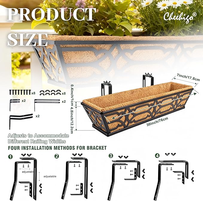 Railing Planter Box, Window Planter Boxes Outdoor 2 Pack 30 Inch Hanging Planter with Adjustable Bracket for Porch, Fence Flower Baskets with Coco Liners