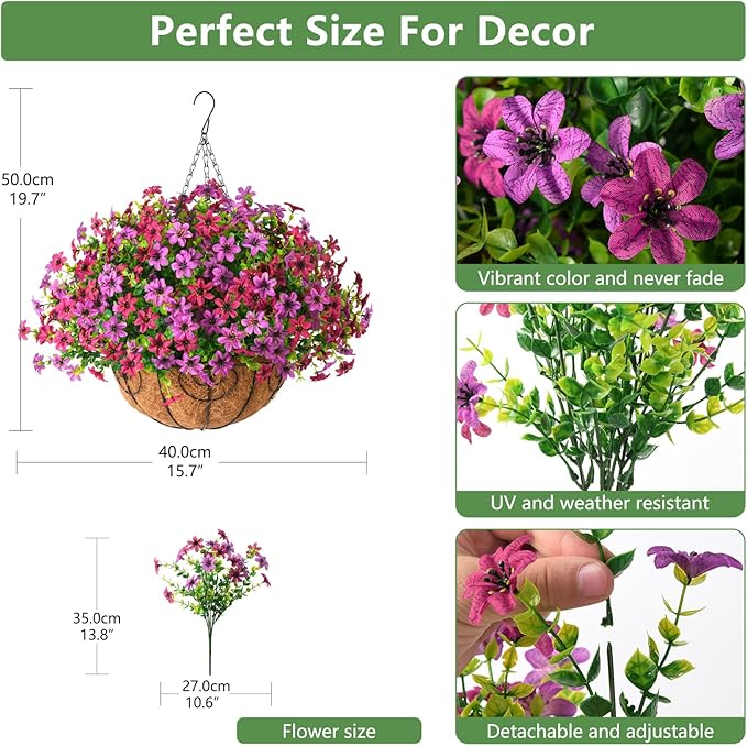 INQCMY Artificial Flowers Hanging Baskets for Outdoors Spring Decor, 12 Bundles Fake Plants Faux Silk Daisy with Eucalyptus Stem UV Resistant for Outside Patio Balcony Garden(Purple Fuchsia)