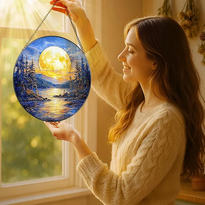 LAOWEIKI 8'' Full Moon Over Forest Lake Suncatcher Ornament, Stained Glass Window Hanging, Sun Catchers for Windows Hanging Ornaments, Window Decor | Gifts for Christmas, Birthday, Father's Day