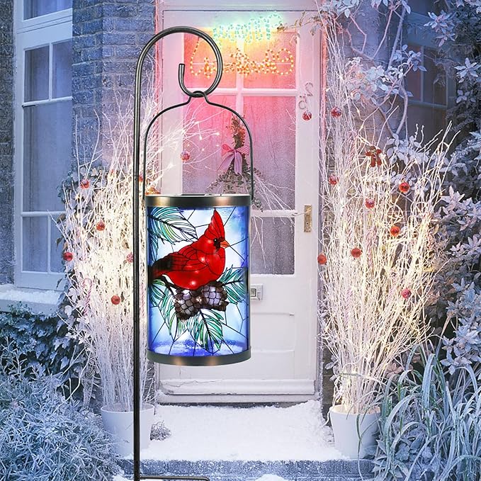 Afirst Christmas Solar Lantern - Cardinal Decorative Glass Solar Lights Outdoor Waterproof Tabletop Lamp for Garden Yard Patio Decor