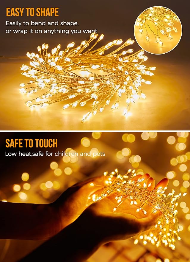 2 Pack 10 Ft Battery Operated Fairy Lights, 120LEDs Firecracker String Lights, Silver Wire Starry Firefly Light for Bedroom Home Weeding DIY Wreath Indoor Outdoor Christmas Decorations, Warm White