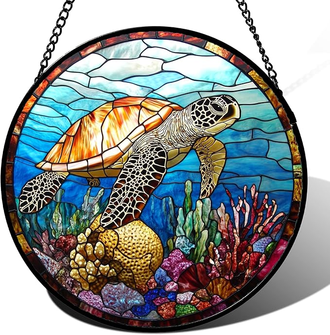 Stained Glass Window Hanging Blue Sea Ocean Coral Turtle Large 15" - Suncatcher Door Garden Sunroom Sun Catcher Home Decor Birthday Christmas for Mom Men Woman Nana