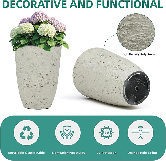 Ultym 19.5"H Resin Tall Planters for Outdoor Indoor Use, 2-Pack Large Flower Pots, Weather-Resistant Plant Container for Garden Yard Porch or Home Décor, Handcrafted Birch Bark Texture, Country White