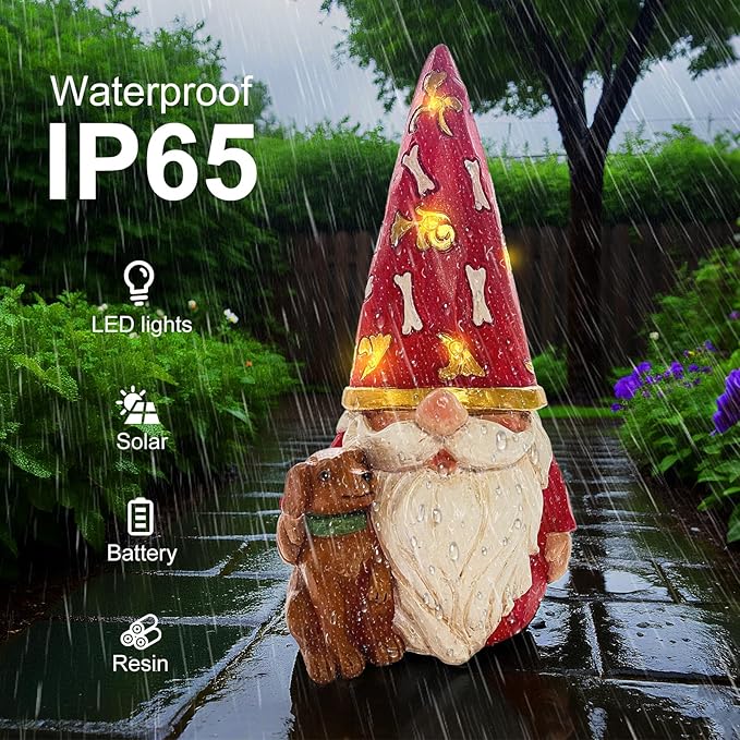 LETITIN Solar Garden Gnome with Dog Statue - Outdoor Solar Powered Gnome Decor with LED Lights, Waterproof Funny Garden Decorations for Patio, Yard, Lawn (Dog Gnome)