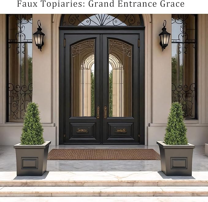 Azoco 3ft Artificial Boxwood Topiary Trees (Set of 2) - UV Resistant Faux Plants Outdoor, Realistic 36" Fake Cone Bushes and Shrubs for Front Porch, Planter, Patio - Low Maintenance & Evergreen