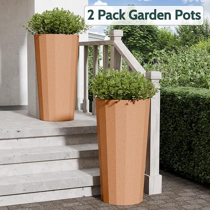 Diyfire 2PCS Tall Planters for Outdoor Plants, 23.6 Inches Large Outdoor Conical Flower Pots for Porch with Drainage Holes and Drainage Baffle, Tapered Large Planters for Garden, Balcony Clay Color