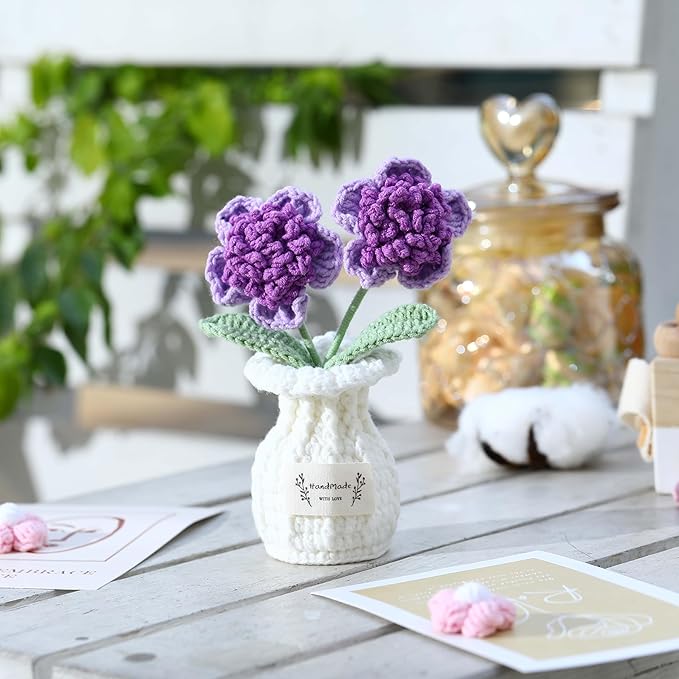 YOOJEE Crochet Paris Polyphylla Flower Pot Handmade Knitted Desk Decor Purple Potted Plant for Home Office