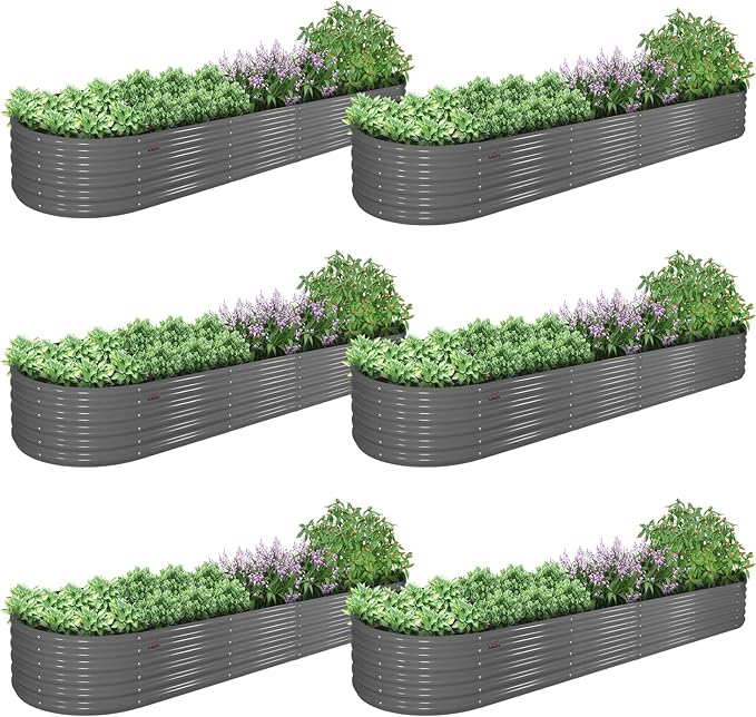 A ANLEOLIFE 6 Pcs 12X3X1.5 ft Oval Extra Large Galvanized Raised Garden Beds Outdoor for Planting Vegetables Flowers Herb, Quartz Grey